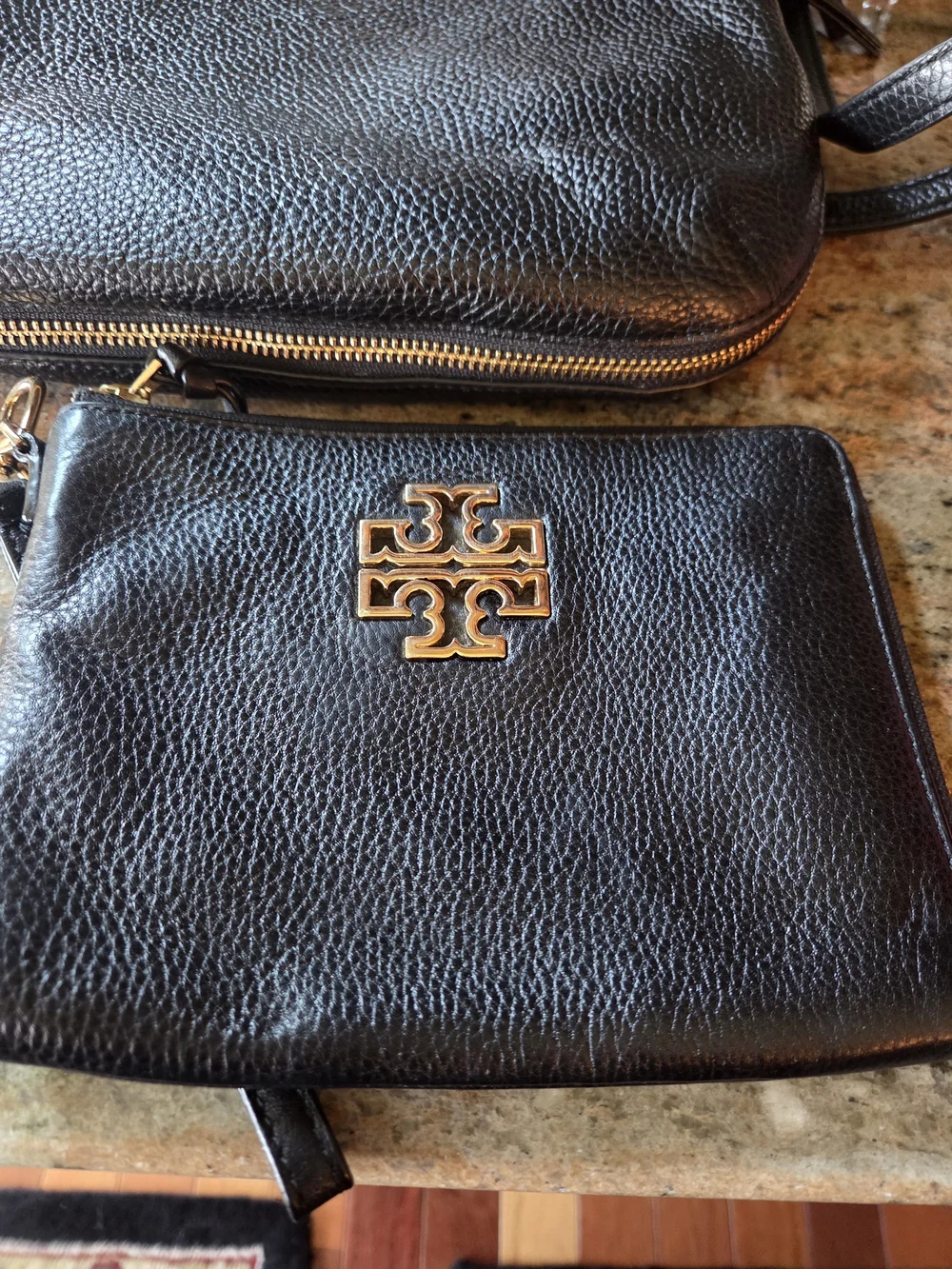 Tory Burch Black Pebbled Leather Crossbody with Matching Wristlet